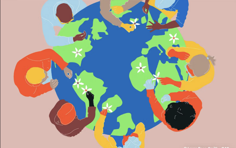 Global collaboration on ESG data — diverse hands around Earth